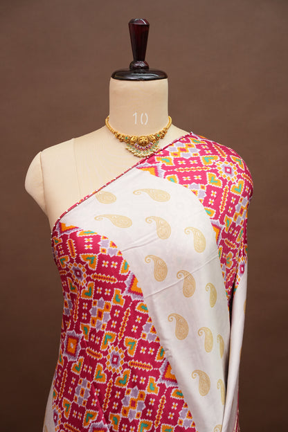 Gajji Silk Saree with Ivory Panels & Raspberry Pink Patola Prints
