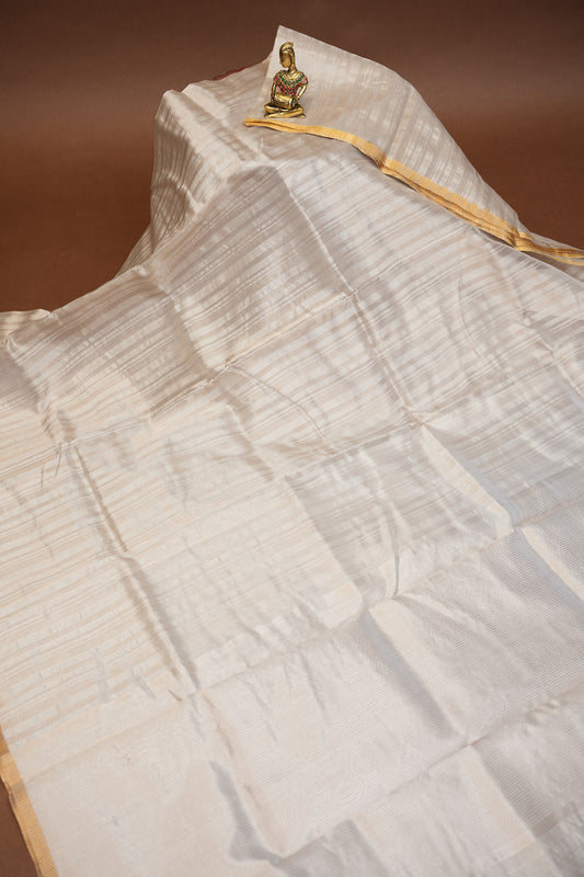 Pure Chanderi Silk Saree with Subtle Stripes & Tissue Border - Ivory Cream