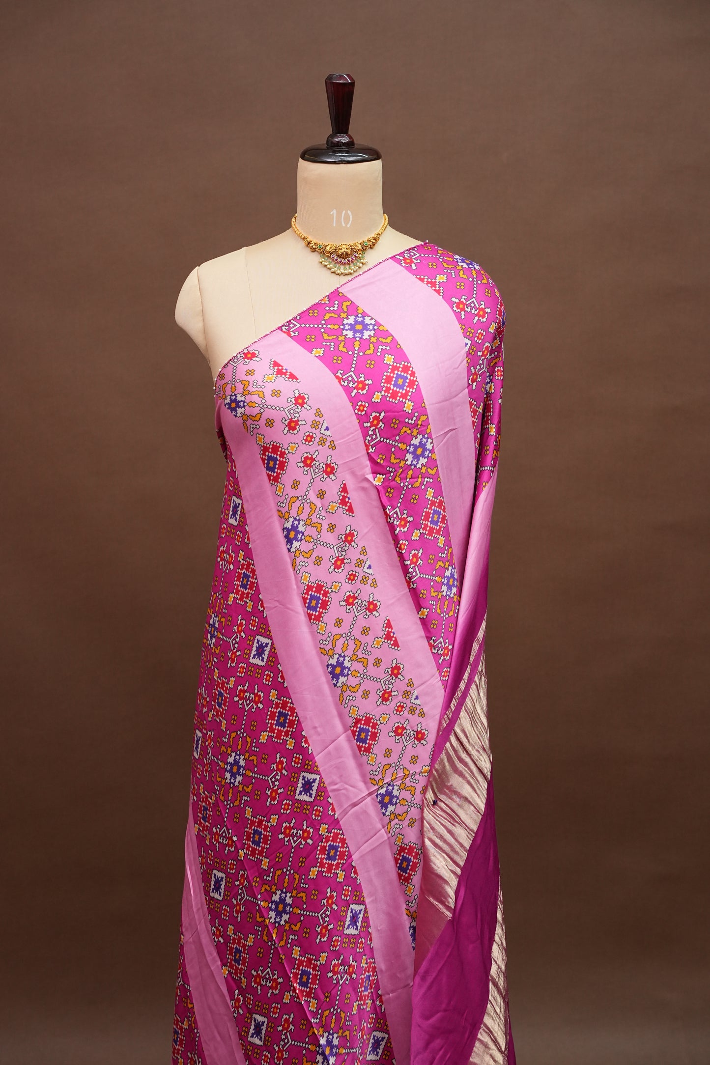 Gajji Silk Saree with Pink Panels and Patola Prints