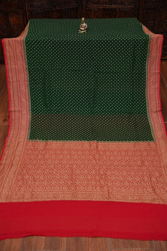 Pure Khadi Georgette Banarasi Saree – Bottle Green & Red