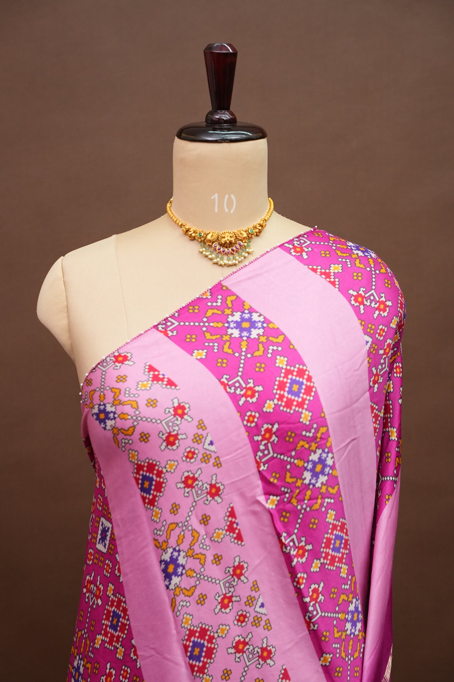 Gajji Silk Saree with Pink Panels and Patola Prints