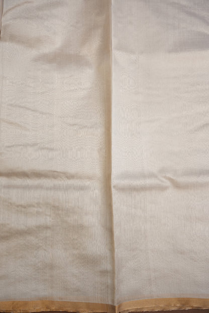 Pure Chanderi Silk Saree with Subtle Stripes & Tissue Border - Ivory Cream