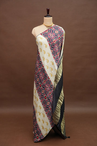 Gajji Silk Saree with Ivory & Charcoal Grey Patola Prints