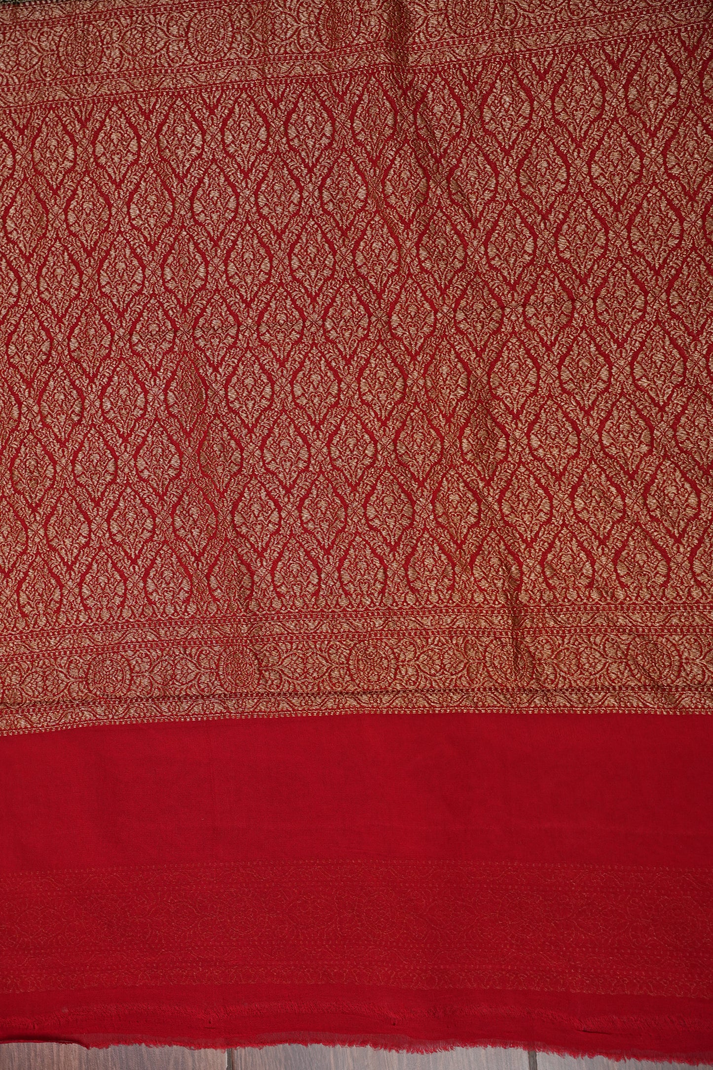 Pure Khadi Georgette Banarasi Saree – Bottle Green & Red