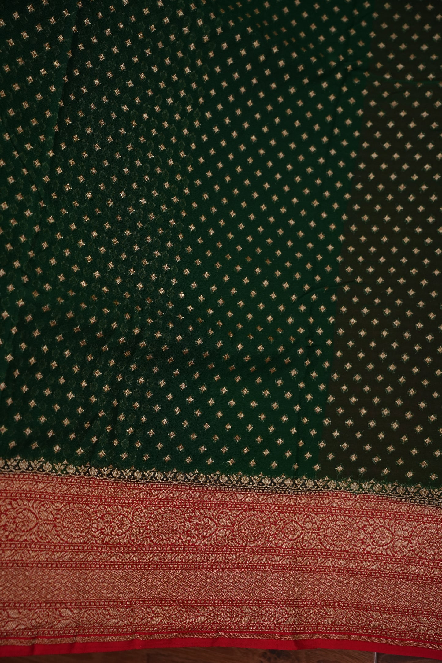 Pure Khadi Georgette Banarasi Saree – Bottle Green & Red