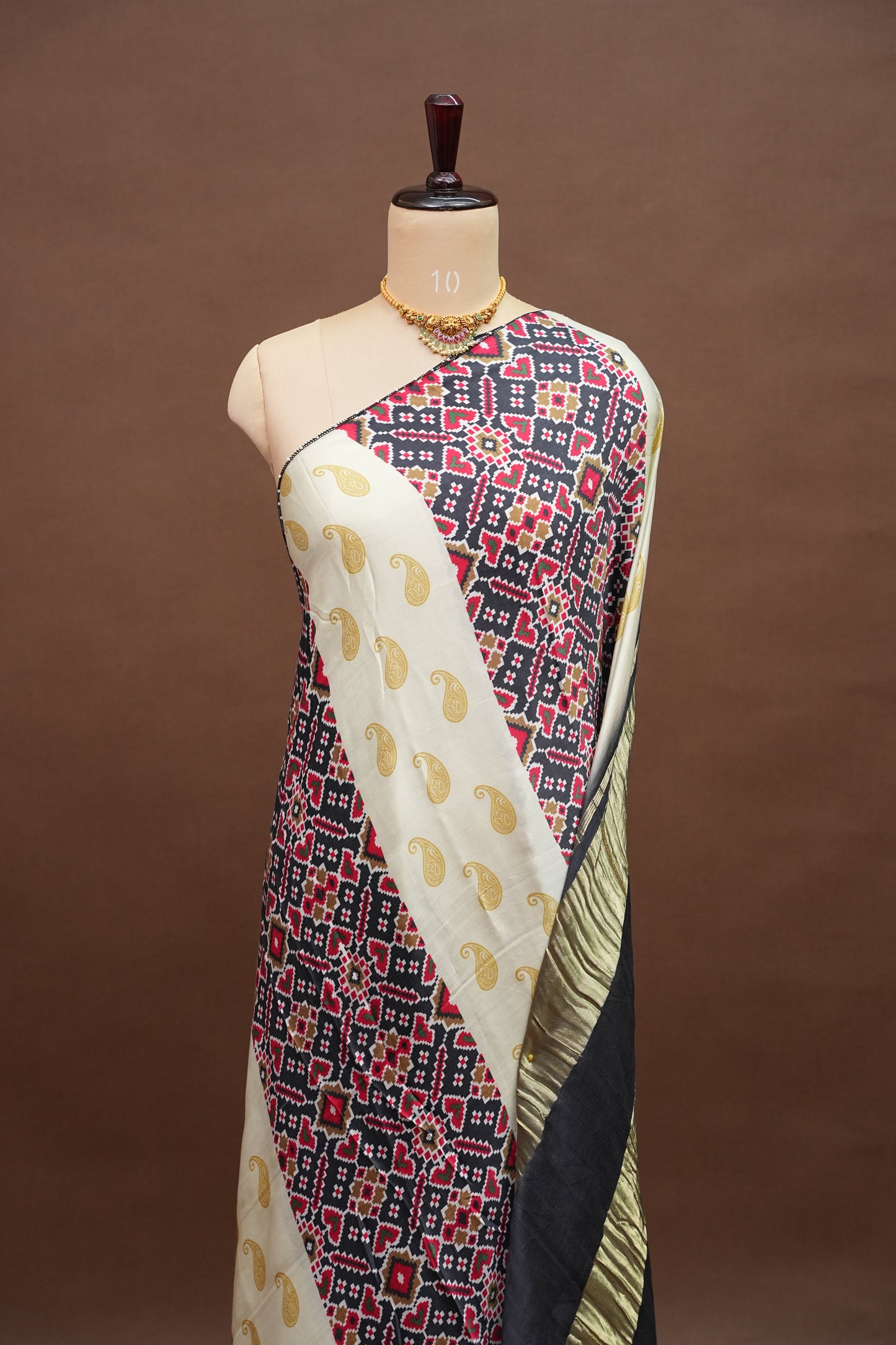 Gajji Silk Saree with Ivory & Charcoal Grey Patola Prints
