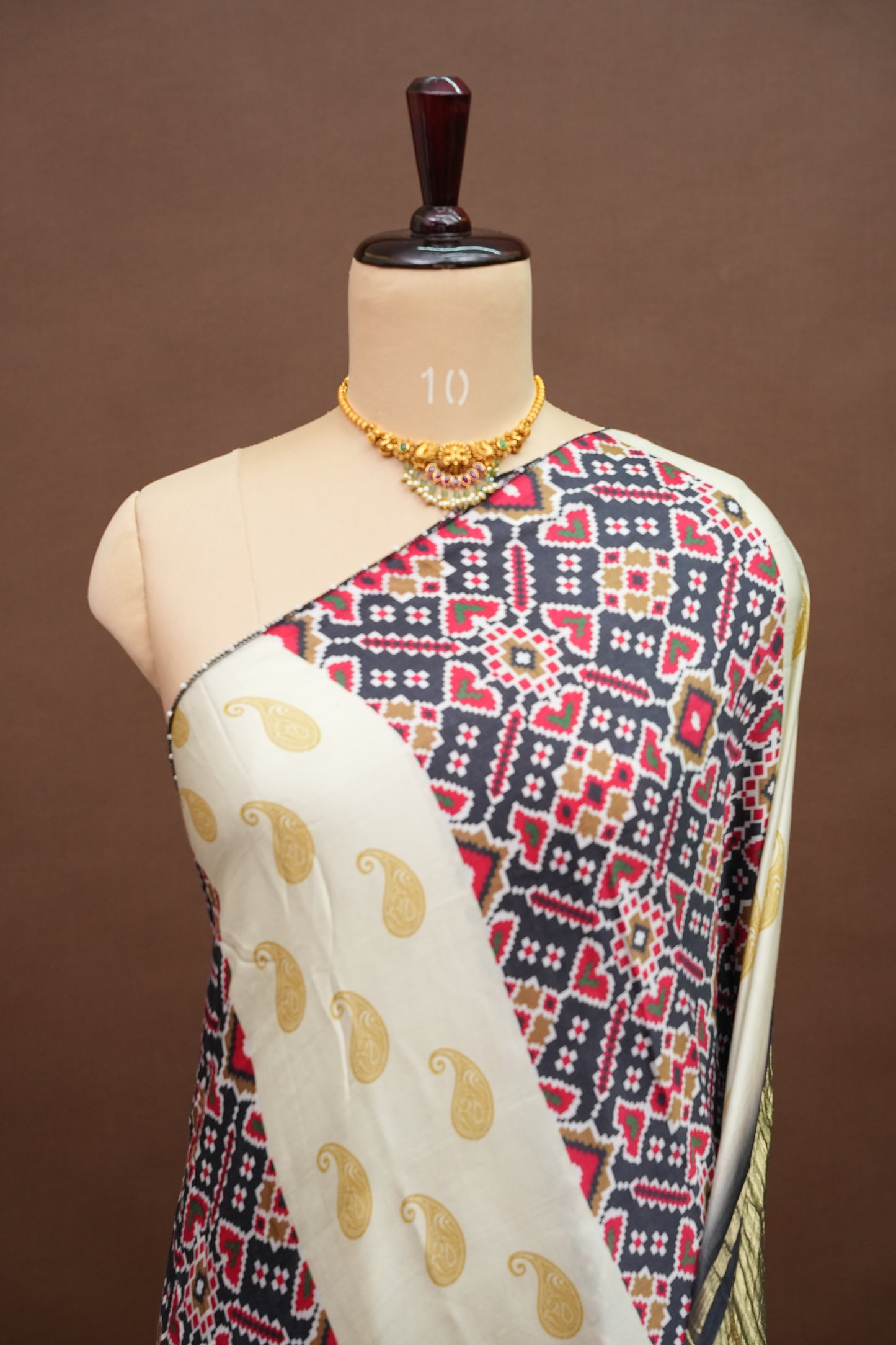 Gajji Silk Saree with Ivory & Charcoal Grey Patola Prints