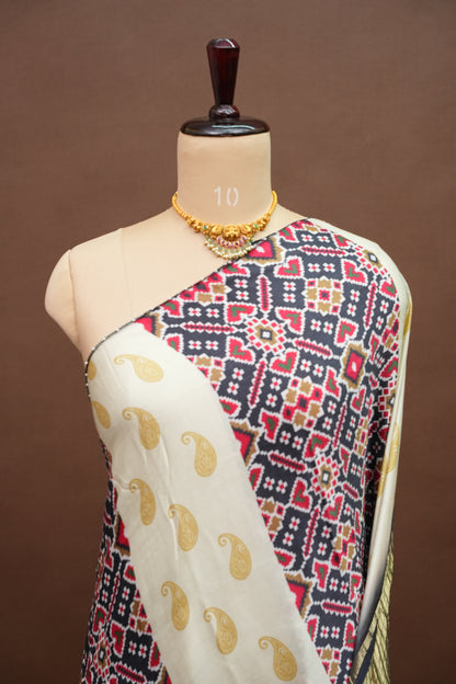 Gajji Silk Saree with Ivory & Charcoal Grey Patola Prints