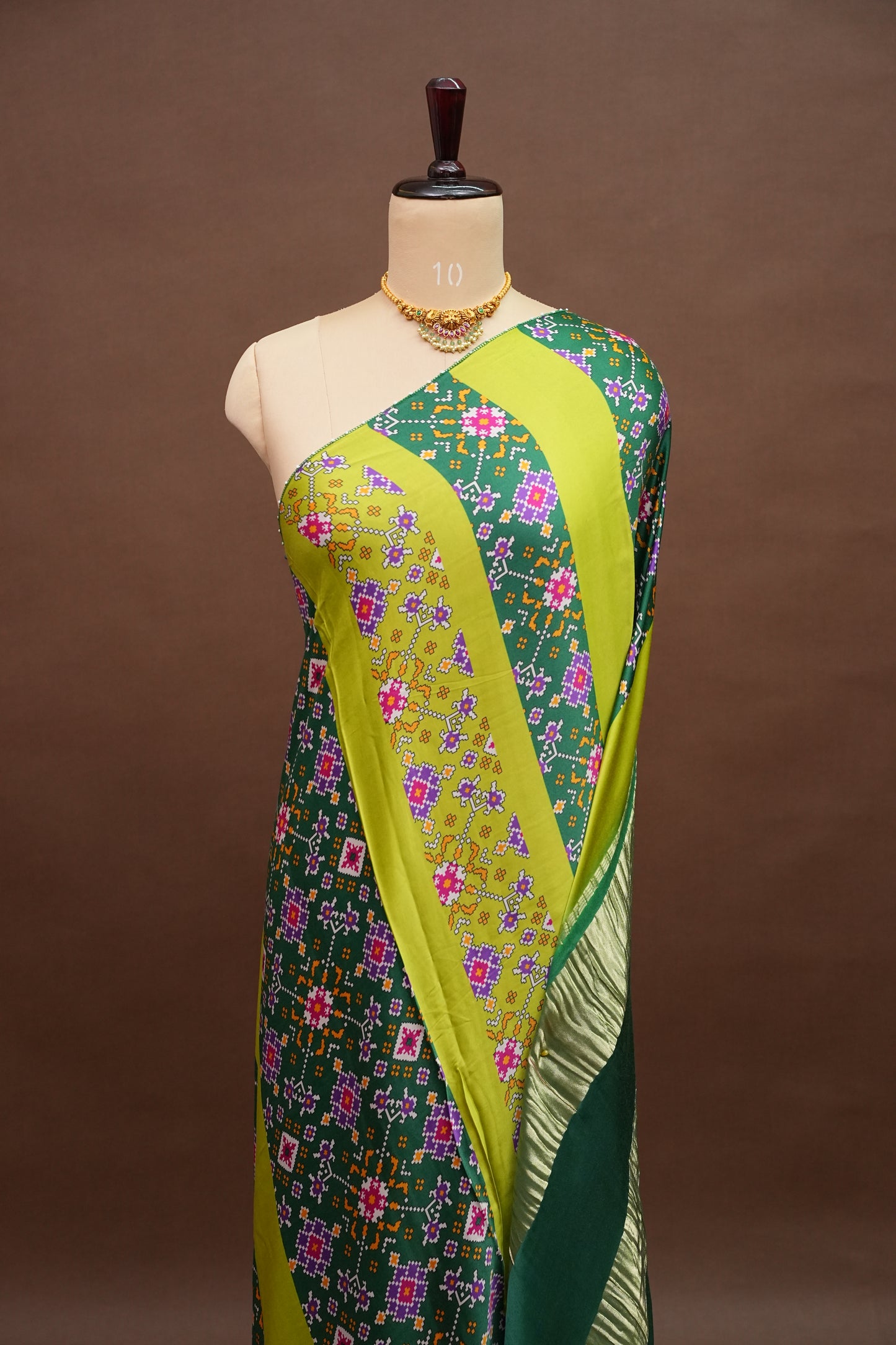 Gajji Silk Saree with Green Panels and Patola Prints