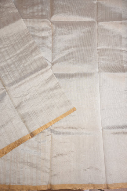 Pure Chanderi Silk Saree with Subtle Stripes & Tissue Border - Ivory Cream