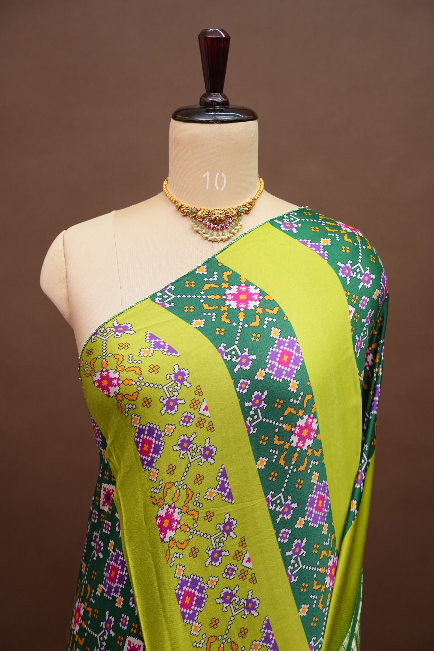 Gajji Silk Saree with Green Panels and Patola Prints