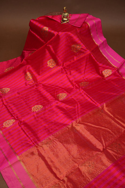 Pure Chanderi Silk Saree with Zari Buttas & Tissue Border - Bright Pink