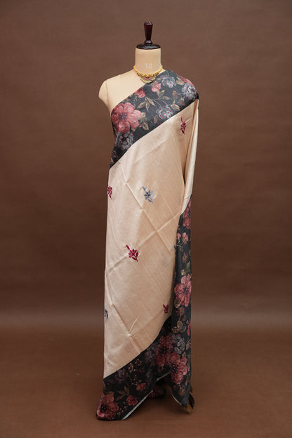 Ivory Semi Raw Silk Saree with Charcoal Grey Digital Floral Printed Border