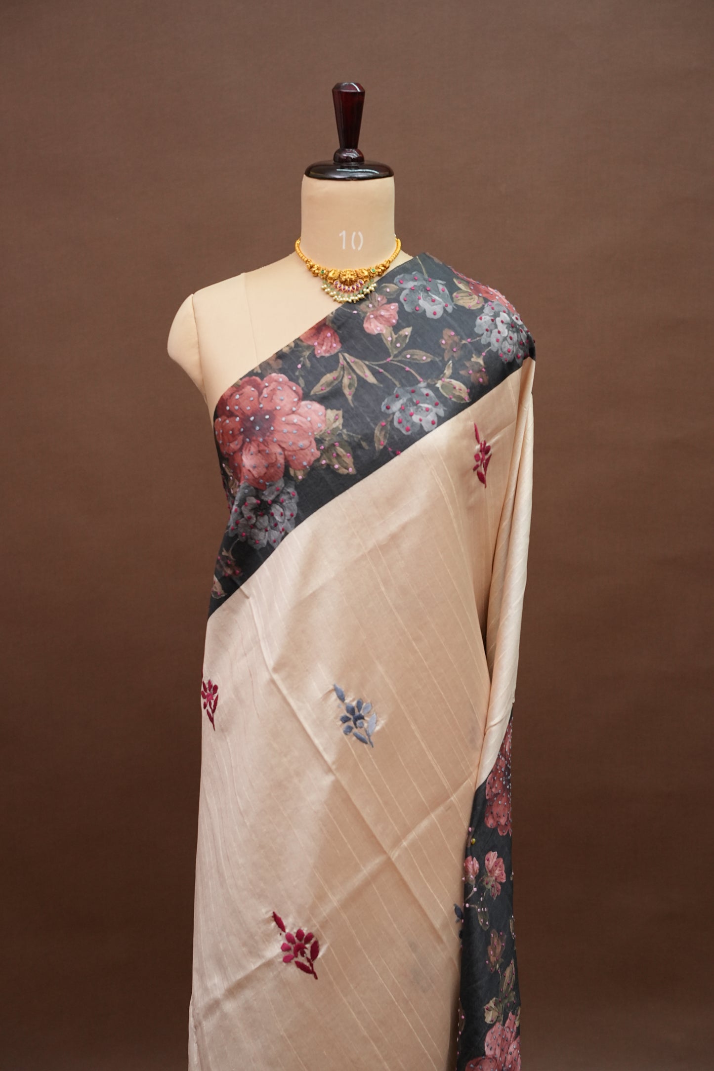 Ivory Semi Raw Silk Saree with Charcoal Grey Digital Floral Printed Border