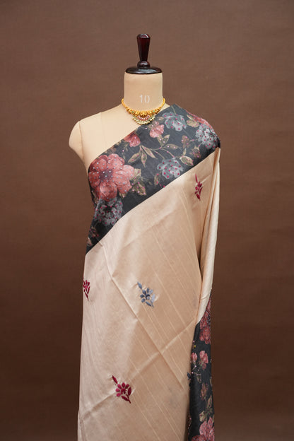 Ivory Semi Raw Silk Saree with Charcoal Grey Digital Floral Printed Border