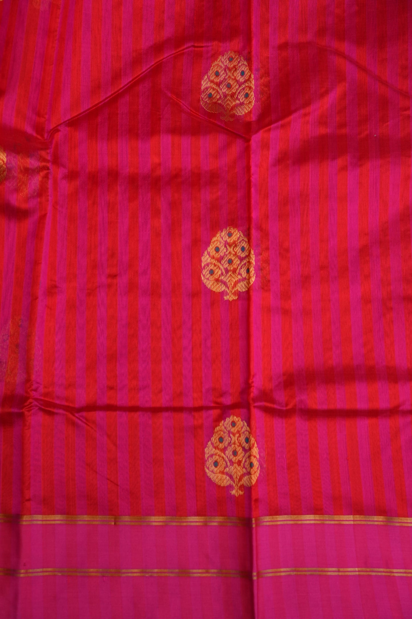 Pure Chanderi Silk Saree with Zari Buttas & Tissue Border - Bright Pink