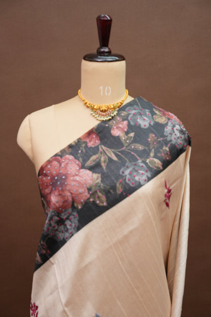 Ivory Semi Raw Silk Saree with Charcoal Grey Digital Floral Printed Border