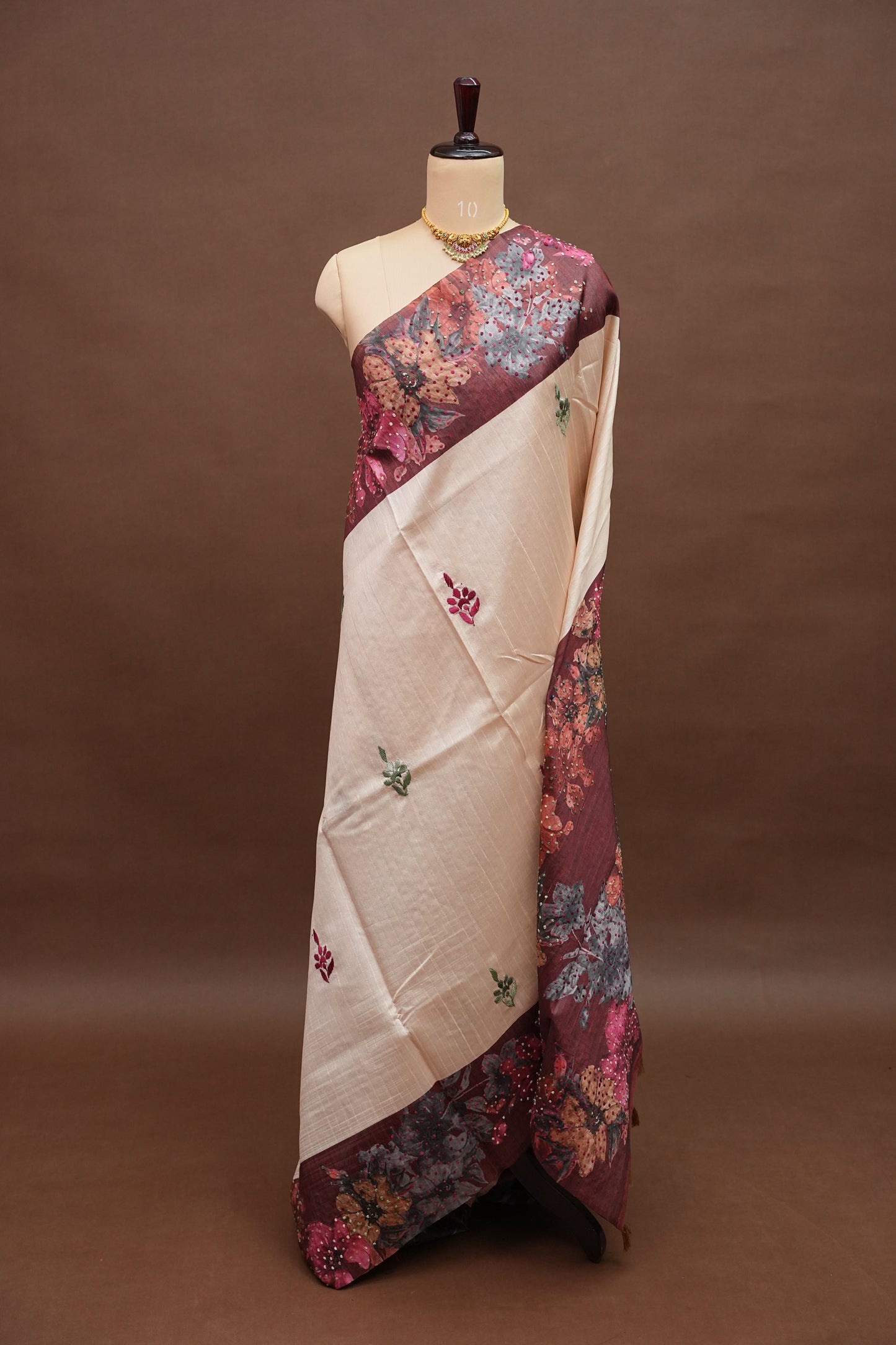 Ivory Semi Raw Silk Saree with Wine Floral Digital Printed Border