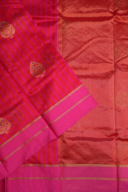 Pure Chanderi Silk Saree with Zari Buttas & Tissue Border - Bright Pink