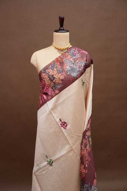 Ivory Semi Raw Silk Saree with Wine Floral Digital Printed Border