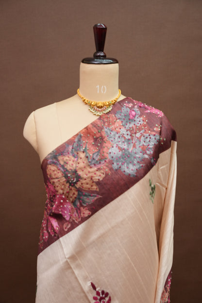 Ivory Semi Raw Silk Saree with Wine Floral Digital Printed Border