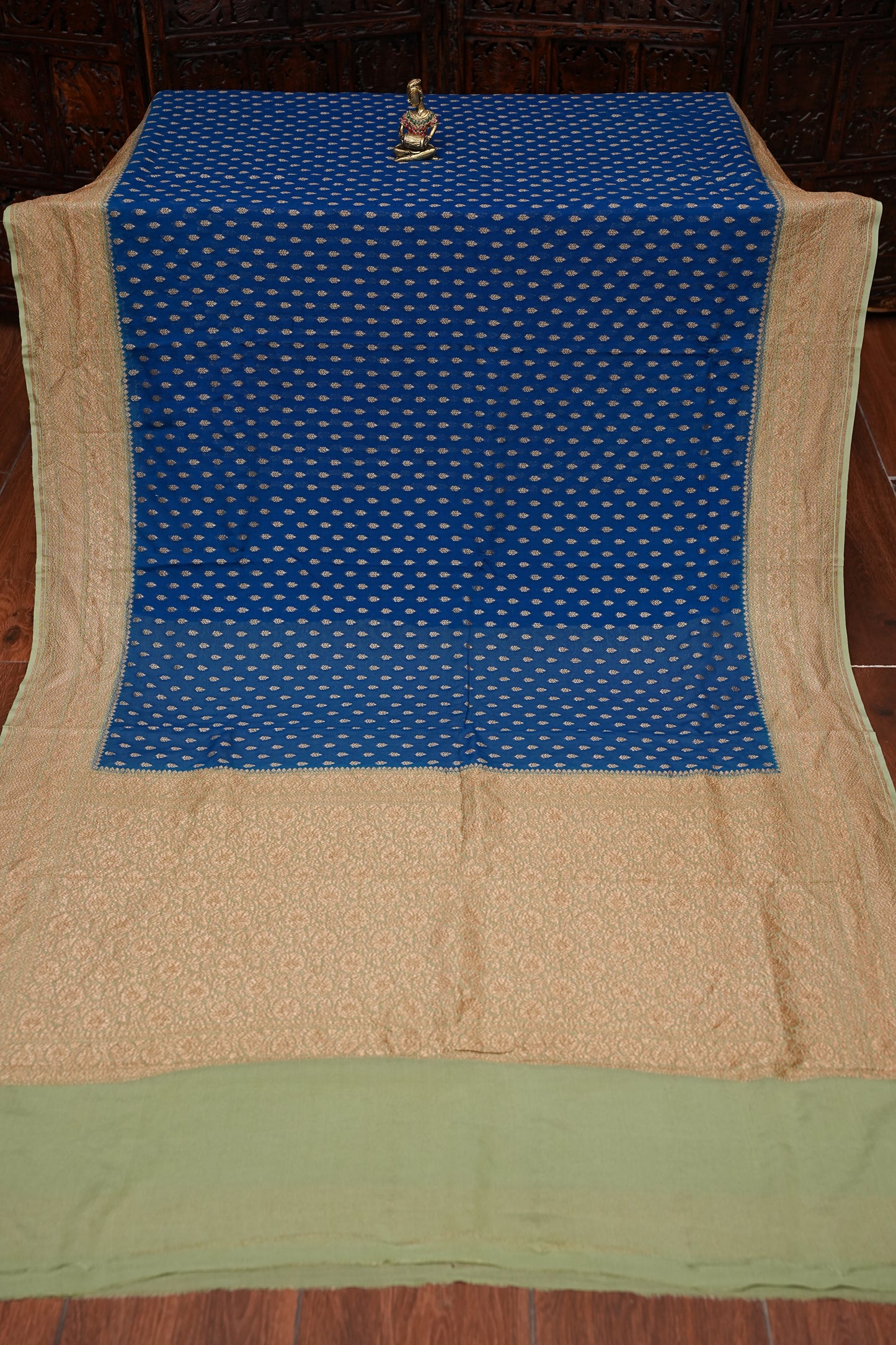 Pure Khadi Georgette Banarasi Saree - Peacock Blue & Sage Green