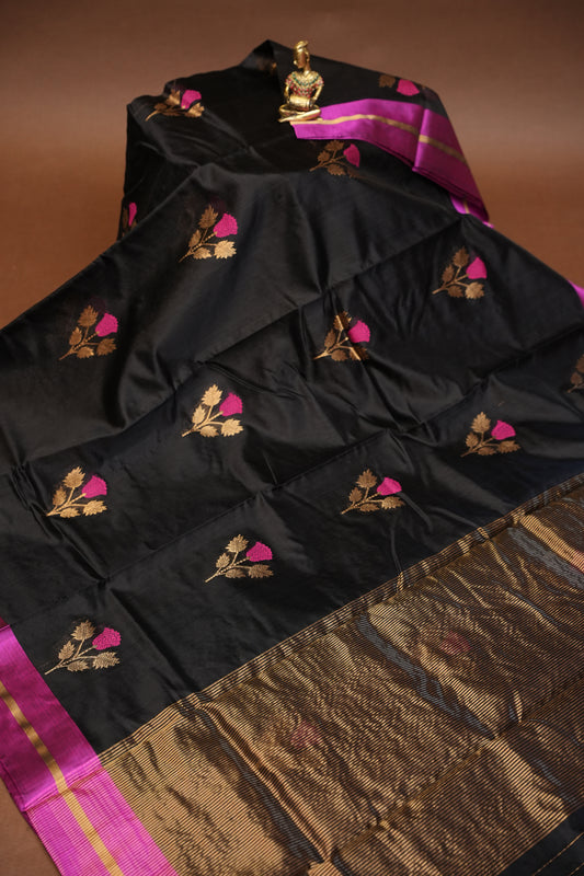 Pure Chanderi Silk Saree with Zari Buttas & Tissue Border - Black & Hot Pink