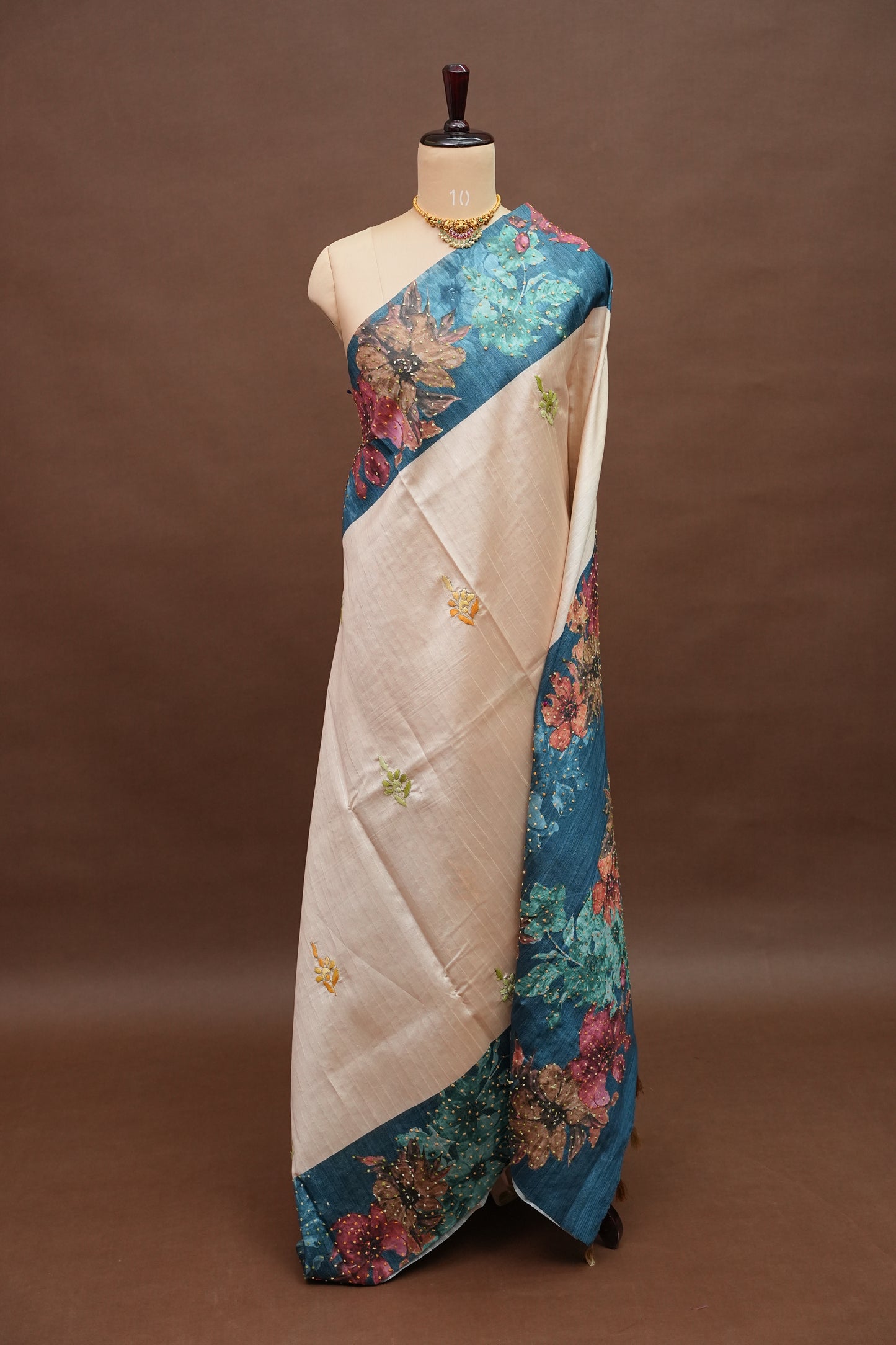 Ivory Semi Raw Silk Saree with Teal Blue Digital Floral Border