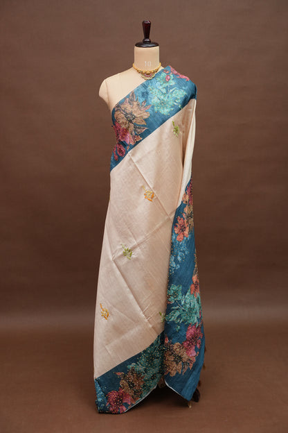 Ivory Semi Raw Silk Saree with Teal Blue Digital Floral Border