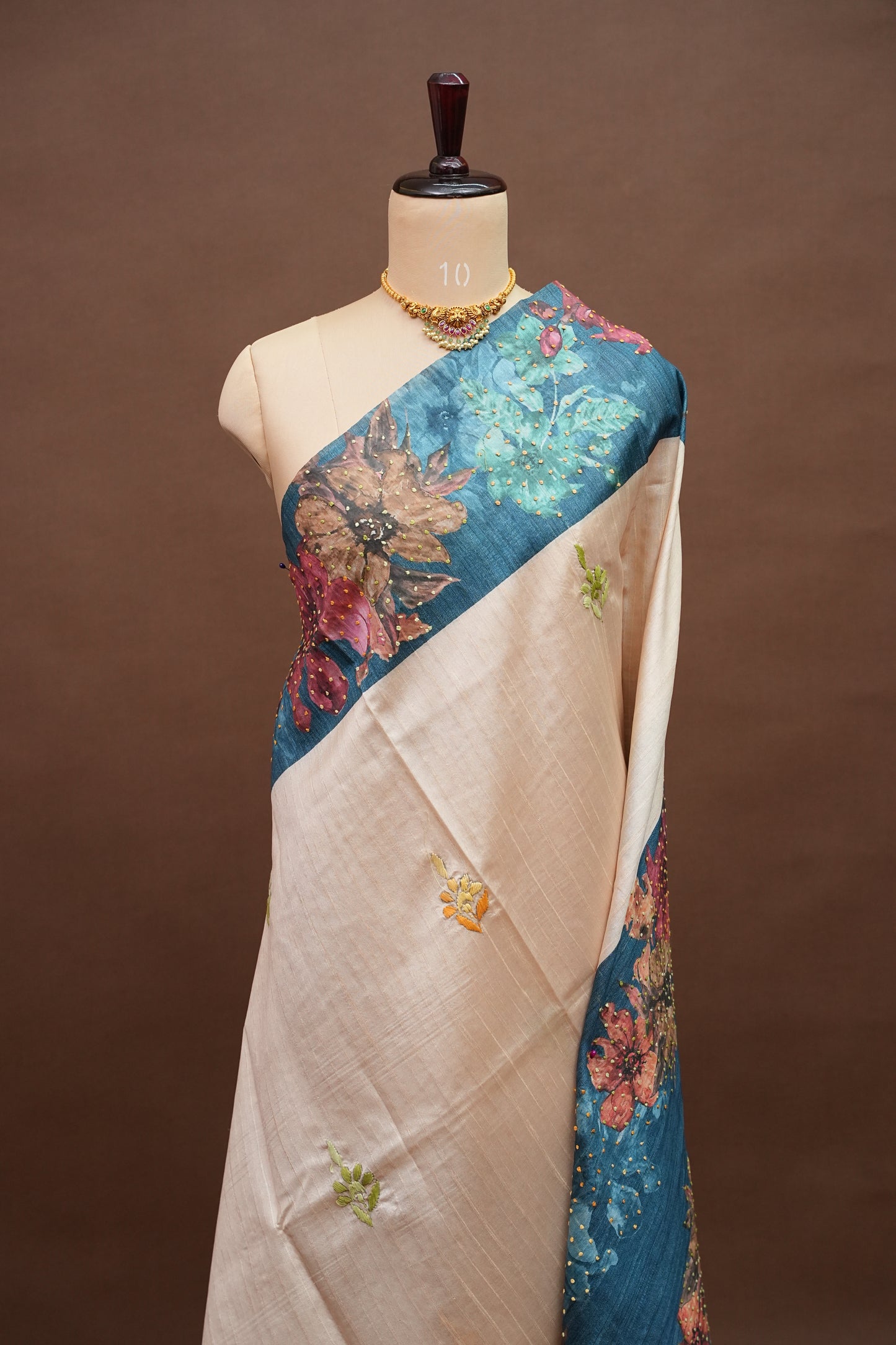 Ivory Semi Raw Silk Saree with Teal Blue Digital Floral Border