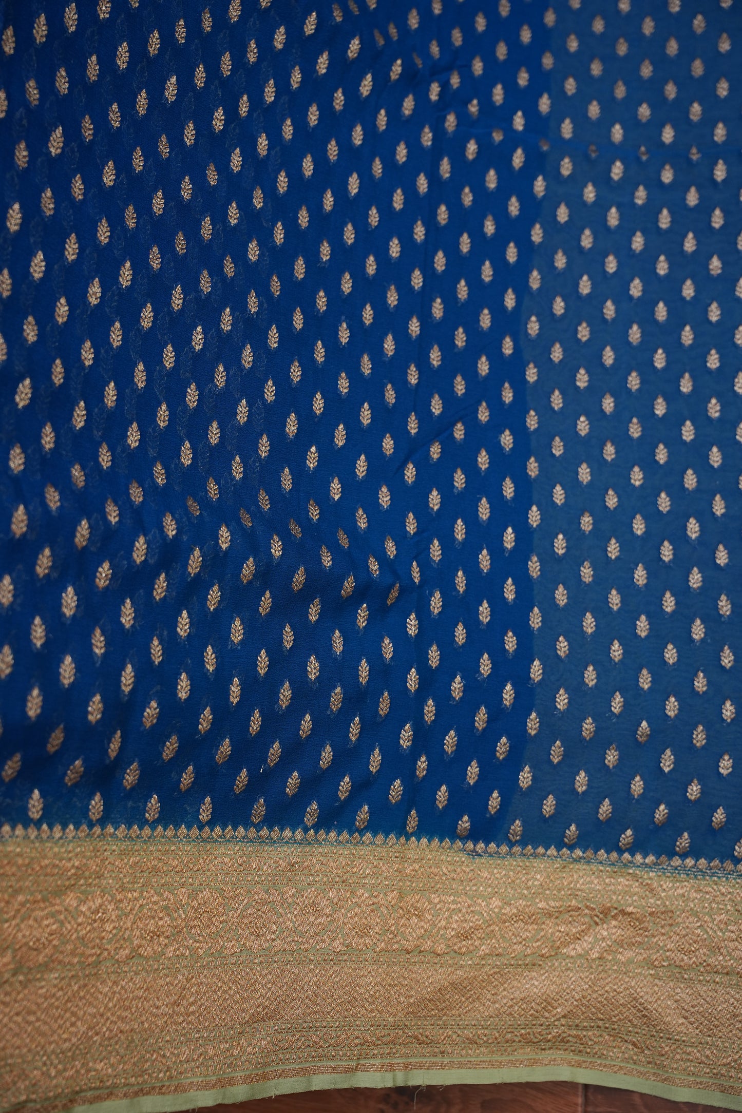 Pure Khadi Georgette Banarasi Saree - Peacock Blue & Sage Green