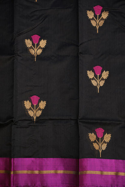 Pure Chanderi Silk Saree with Zari Buttas & Tissue Border - Black & Hot Pink