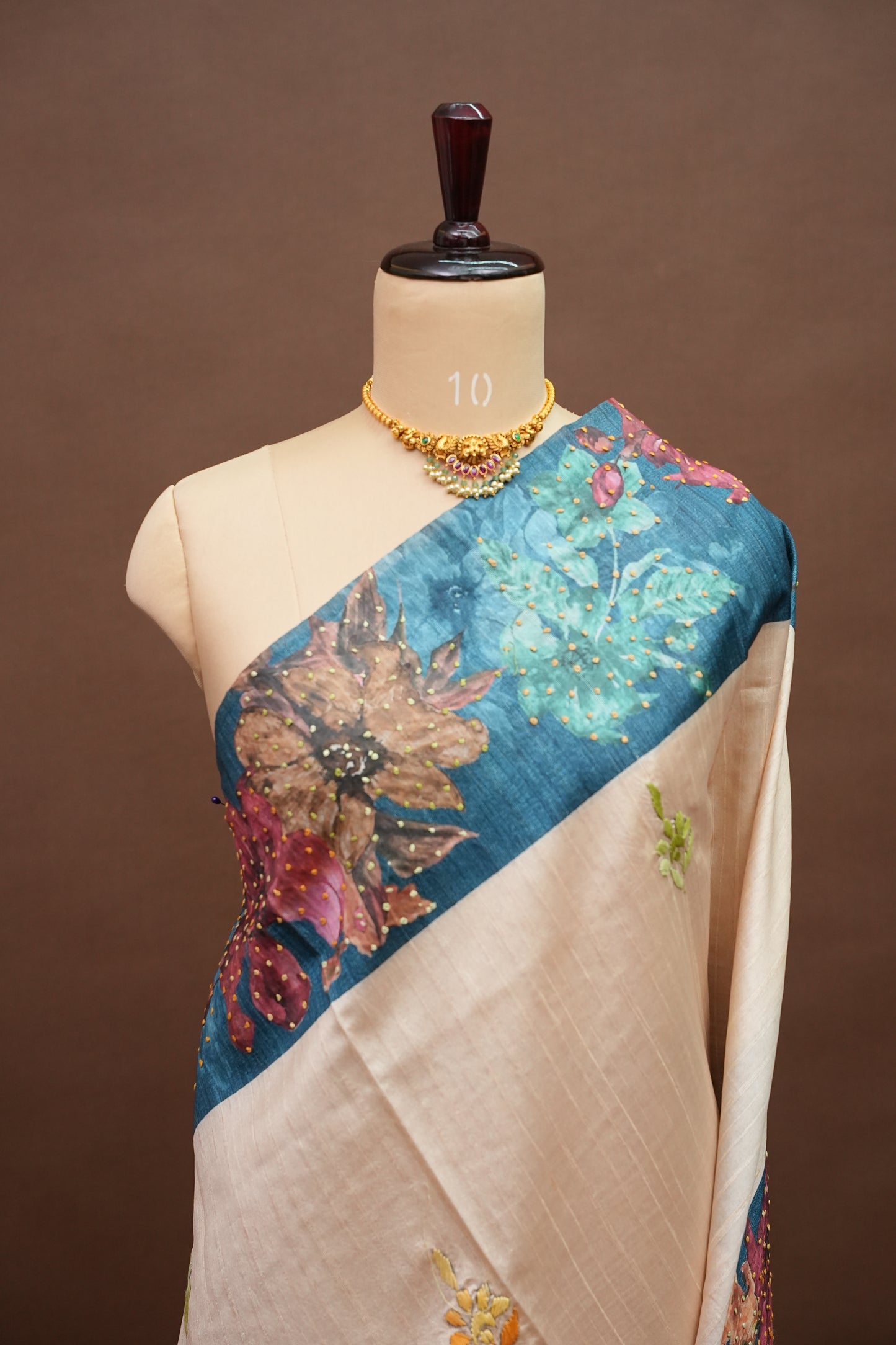 Ivory Semi Raw Silk Saree with Teal Blue Digital Floral Border