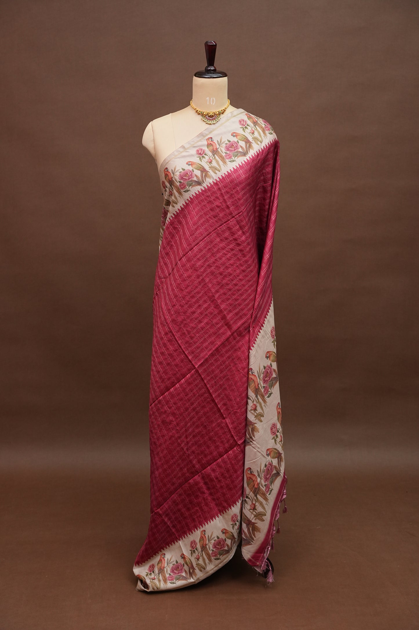 Rose Pink Semi Raw Silk Saree with Ivory Digital Printed Floral & Parrot Border