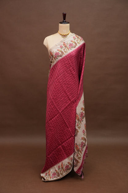 Rose Pink Semi Raw Silk Saree with Ivory Digital Printed Floral & Parrot Border