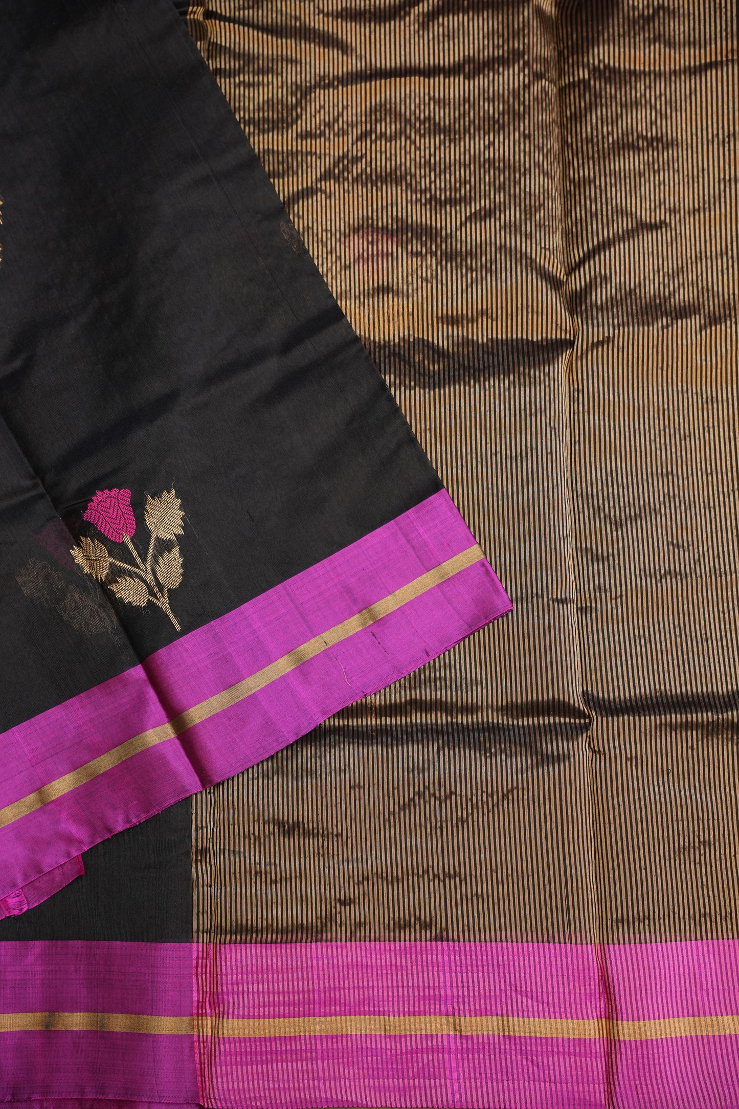 Pure Chanderi Silk Saree with Zari Buttas & Tissue Border - Black & Hot Pink