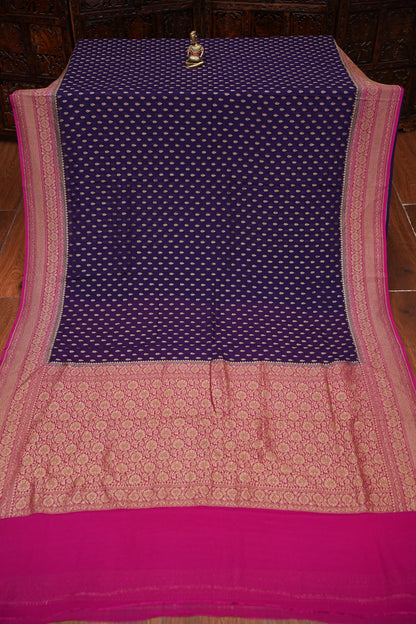 Pure Khadi Georgette Banarasi Saree - Deep Purple & Pink