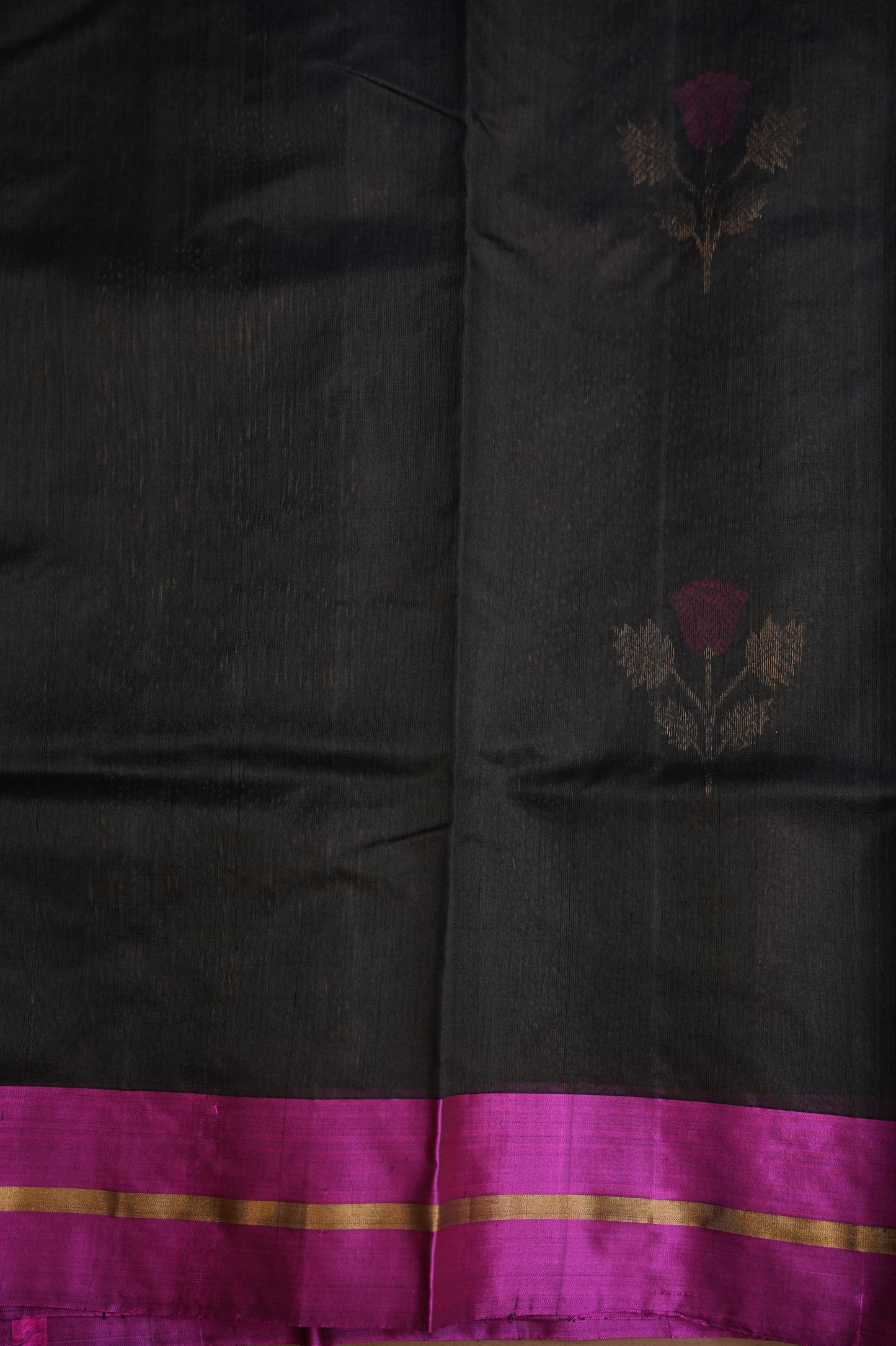 Pure Chanderi Silk Saree with Zari Buttas & Tissue Border - Black & Hot Pink