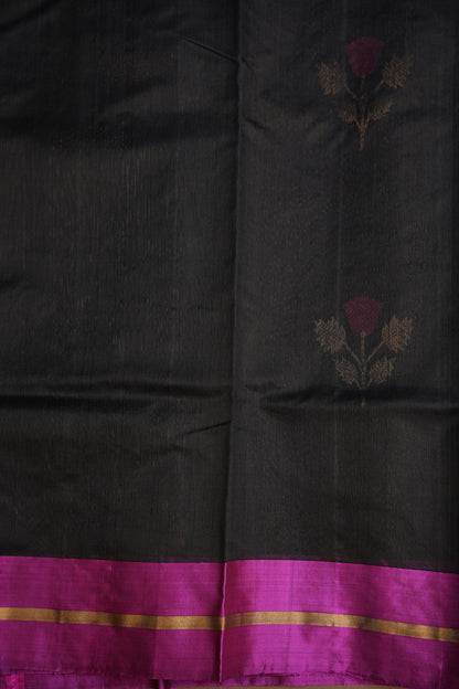Pure Chanderi Silk Saree with Zari Buttas & Tissue Border - Black & Hot Pink