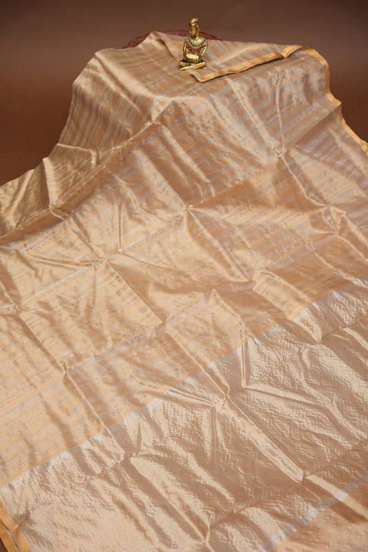 Pure Chanderi Silk Saree with Zari Buttas & Tissue Border - Ivory & Gold