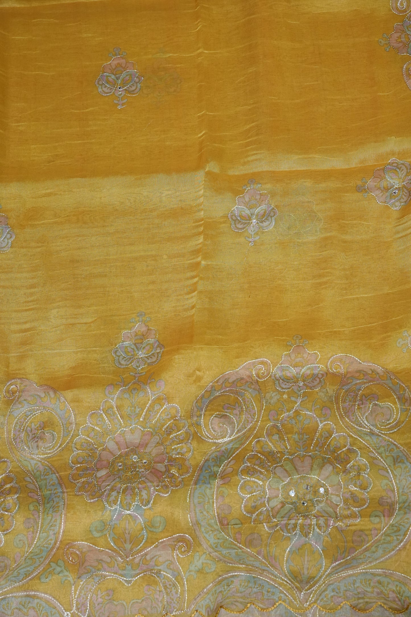 Golden Yellow Glass Tissue Organza Designer Party Wear Saree