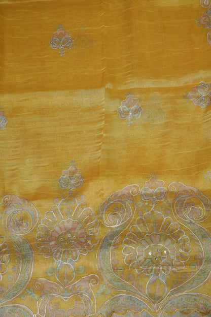 Golden Yellow Glass Tissue Organza Designer Party Wear Saree