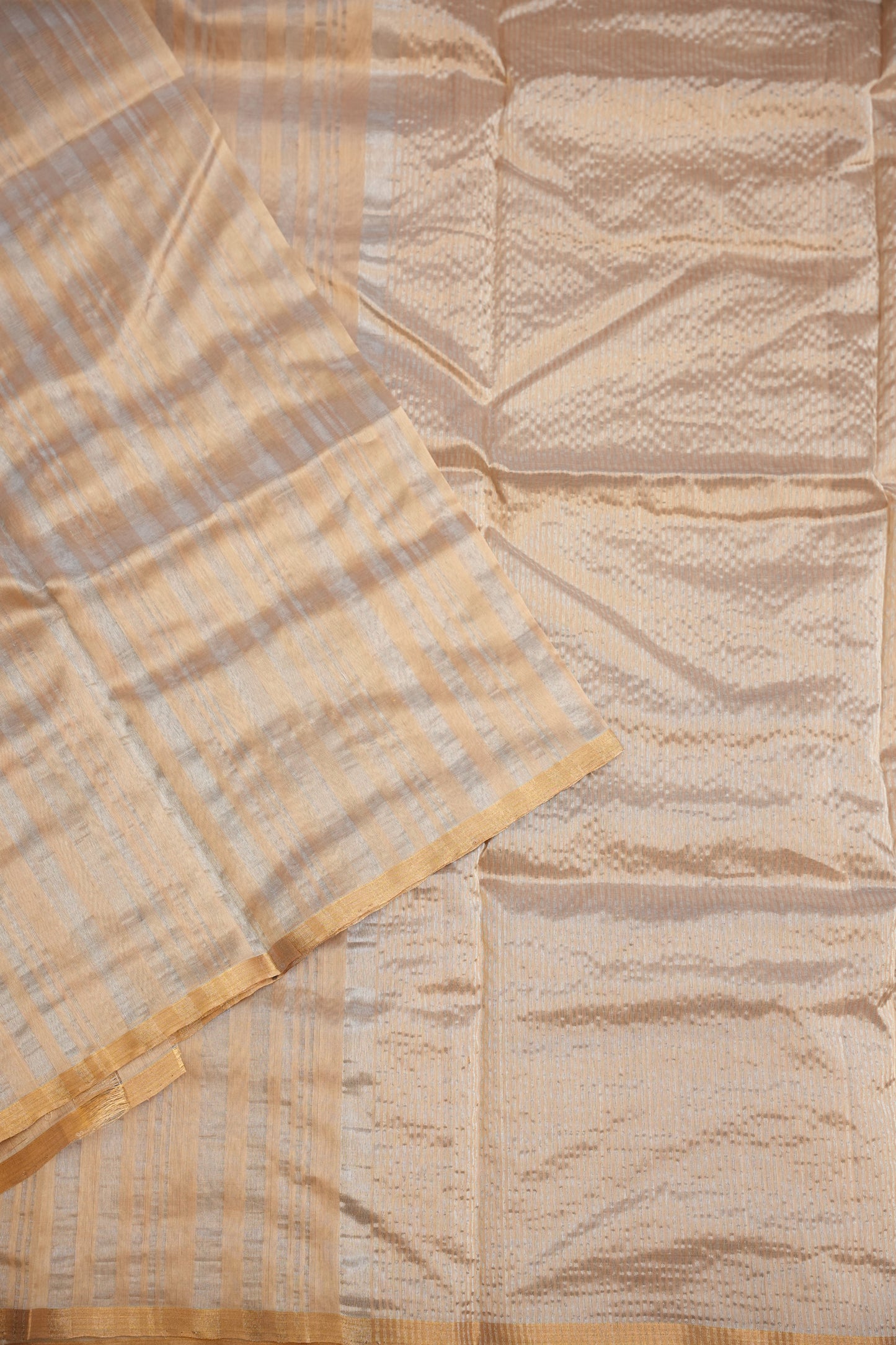 Pure Chanderi Silk Saree with Zari Buttas & Tissue Border - Ivory & Gold