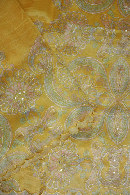 Golden Yellow Glass Tissue Organza Designer Party Wear Saree