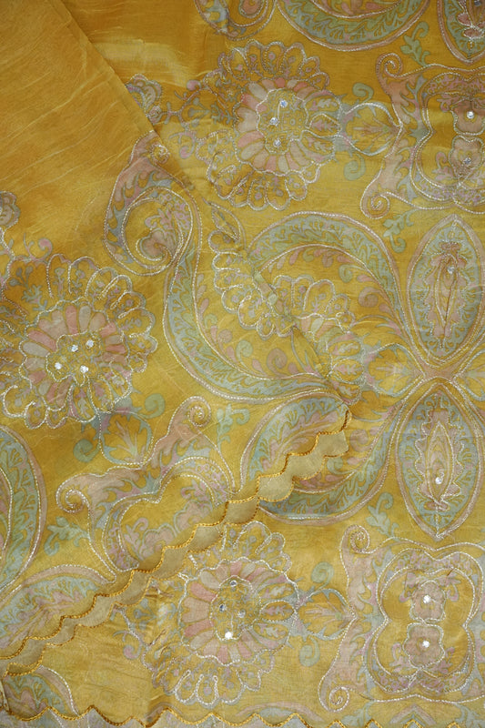 Golden Yellow Glass Tissue Organza Designer Party Wear Saree