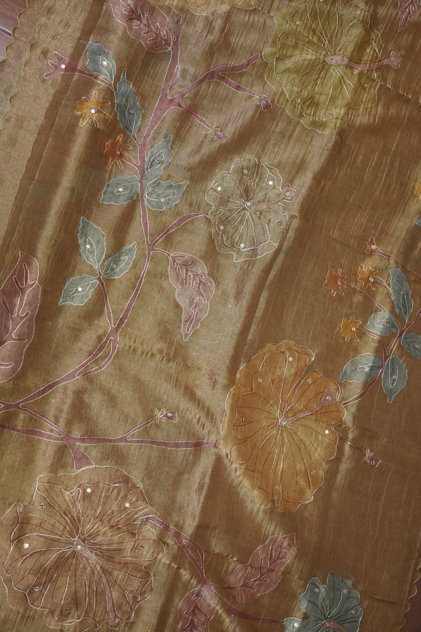 Gold Shade Glass Tissue Organza Designer Party Wear Saree