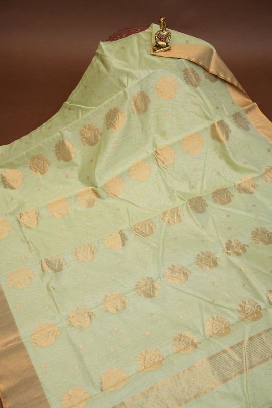 Pure Chanderi Silk Saree with Zari Buttas & Tissue Border - Pastel Green