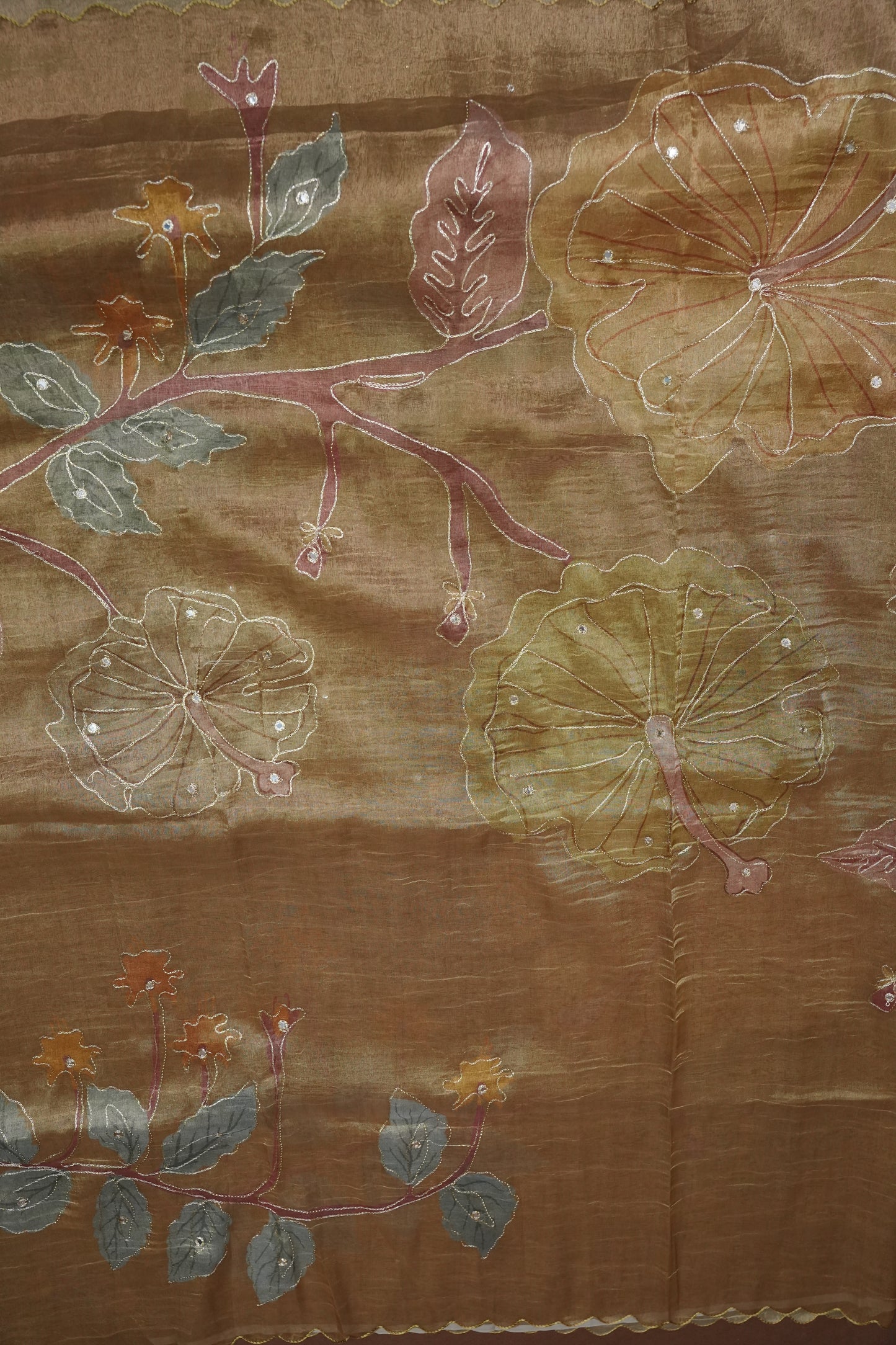 Gold Shade Glass Tissue Organza Designer Party Wear Saree