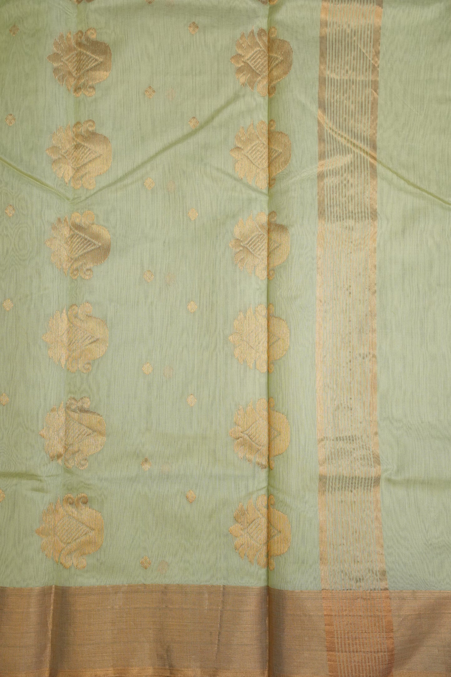 Pure Chanderi Silk Saree with Zari Buttas & Tissue Border - Pastel Green