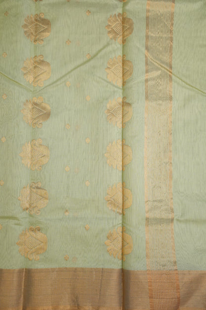 Pure Chanderi Silk Saree with Zari Buttas & Tissue Border - Pastel Green